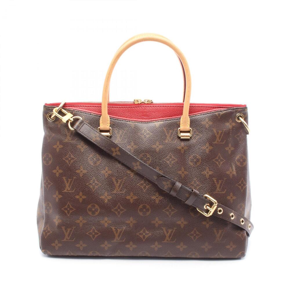 Louis Vuitton Pallas Handbag Canvas Leather Monogram Brown Red